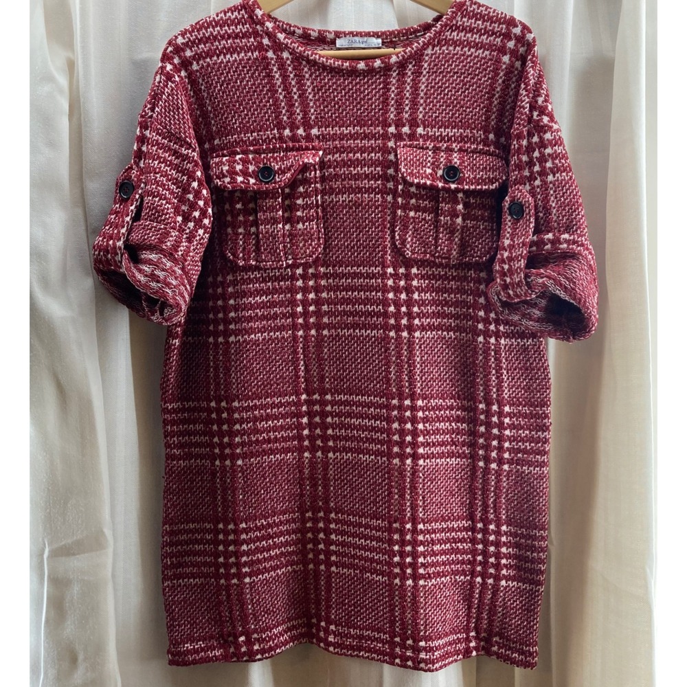 ZARA BASIC Women Red‎ Plaid Knit Shirt Dress Roll Tab Sleeves Casual Size L